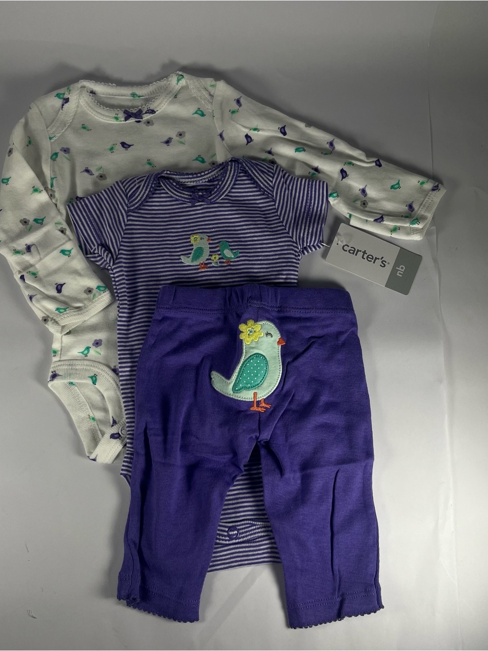 Carter's Purple & White Bird Three-Piece Baby Outfit